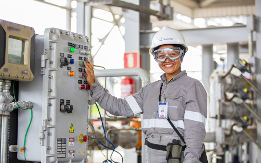 An Ultracargo employee with all personal protective equipment with her hand on a unit control panel.